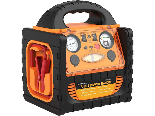 Portable Car Jump Starter 1400 Amp High Performance Power Station with Double AC 110 Volt Inverter Outlets 400W, 260 PSI Air Compressor, Double DC...