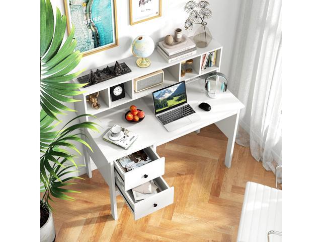 Giantex White Desk with Drawers & Hutch, Home Office Desk with Charging Station, 5 Storage Cubbies, Makeup Vanity Table, Modern Study Writing Desk,...