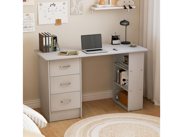47 Inch White Computer Desk with 3 Drawers and Storage Shelves, Writing Desk for Bedroom, Home Office Desk, Study Table for Small Spaces (White)