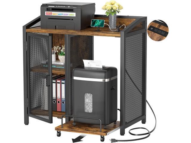 Unikito 3-Tier Lateral Office Filing Cabinets with Socket and USB Charging Port, Modern Printer Stand and Paper Shredder Stand Rack with Wheels and...