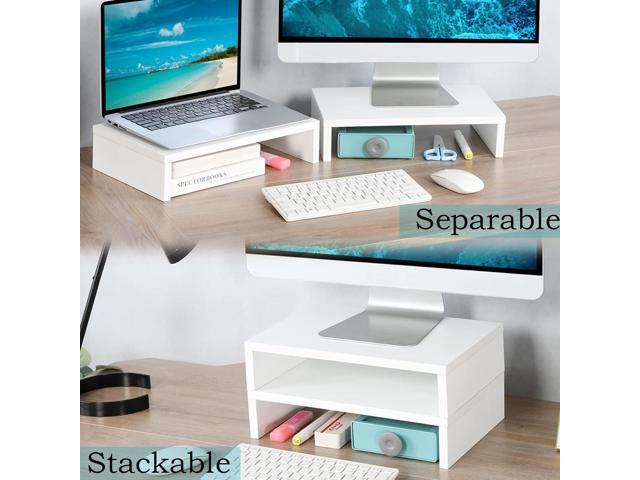 TEAMIX White Monitor Stand Riser-2 Pack,Wood 2 Tier Adjustable Dual Monitor Riser for 2 Monitors/Laptop/PC Computer Stand for Desk