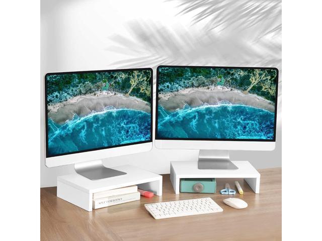 TEAMIX White Monitor Stand Riser-2 Pack,Wood 2 Tier Adjustable Dual Monitor Riser for 2 Monitors/Laptop/PC Computer Stand for Desk