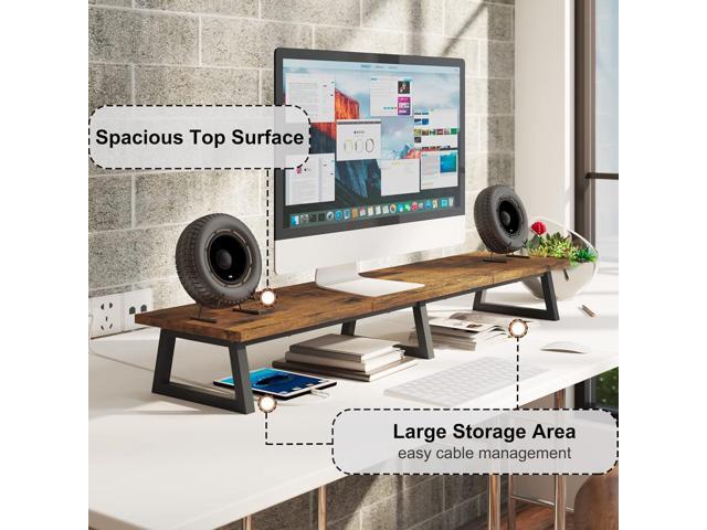 TEAMIX 42 inch Large [Dual] [Monitor] [Riser],Rustic Brown Extra Long TV [Stand Wood & Steel Desktop [Riser] with Storage for [Dual] Screen Office...