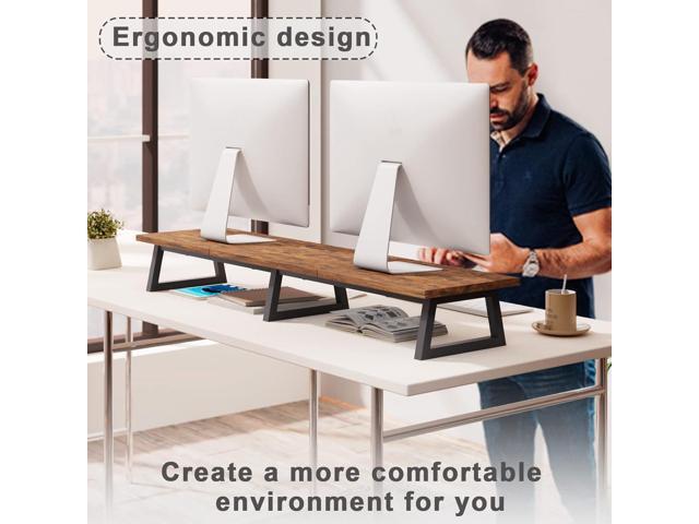 TEAMIX 42 inch Large [Dual] [Monitor] [Riser],Rustic Brown Extra Long TV [Stand Wood & Steel Desktop [Riser] with Storage for [Dual] Screen Office...