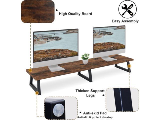 TEAMIX 42 inch Large [Dual] [Monitor] [Riser],Rustic Brown Extra Long TV [Stand Wood & Steel Desktop [Riser] with Storage for [Dual] Screen Office...