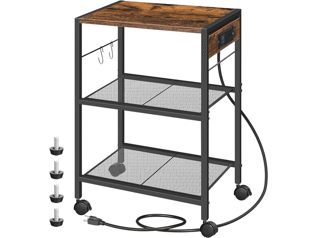 Industrial Printer Stand, 3-Tier Mobile Printer Table, Rolling Cart with Power Outlets and USB Ports, Home Printer Stand with 2 Hooks, for Office,...