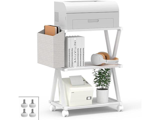 VEDECASA White Mobile Printer Stand 3 Tier Wood Shelf Metal Frame Printer Cart with Storage Bag for Home Office Modern Under Desk Table Side. photo