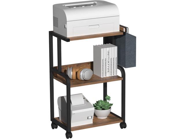 VEDECASA Brown Printer Stand 3 Tier with Rolling Wheels Modern Industrial Wooden Printer Table Shelf with Storage Bag Basket for Home Office. photo