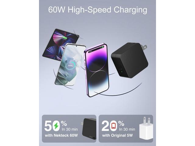 nekteck 60w usb c charger [gan tech], pd 3.0 fast charger[usb-if & etl certified] with foldable plug, compatible with macbook air/pro, ipad...