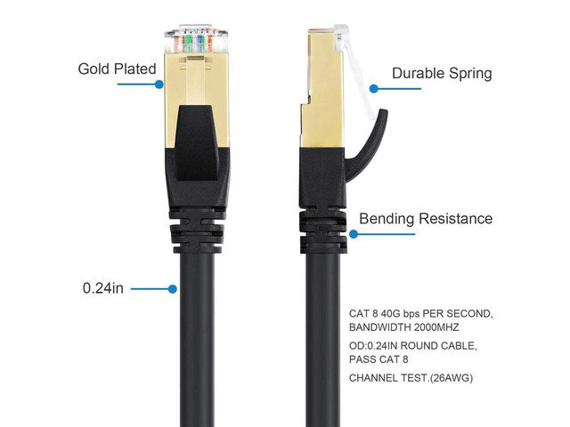 CAT 8 Ethernet Cable 30-FT Gigabit RJ45 LAN Wire High-Speed Patch Cord with Clips for Gaming, Switch, Modem, Router (Black) 30 ft. CAT-8
