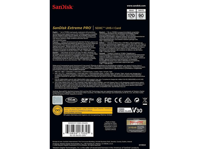 SanDisk 128GB Extreme Pro SDXC UHS-I Card - C10, U3, V30, 4K UHD, SD Card - SDSDXXY-128G-GN4IN