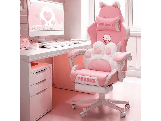 Vitesse Pink Gaming Chair with Cat Ears and Cat Paw Lumbar Cushion, Cute Ergonomic Gaming Computer Desk Chair with Footrest and Linked Armrests,...