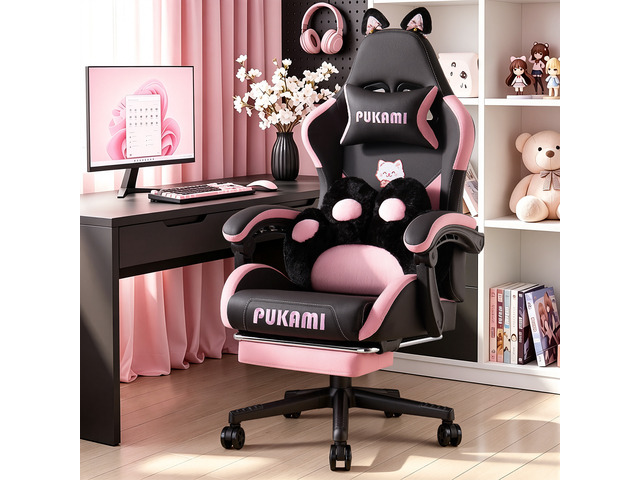 Vitesse Black Gaming Chair with Cat Ears and Cat Paw Lumbar Cushion, Cute Ergono