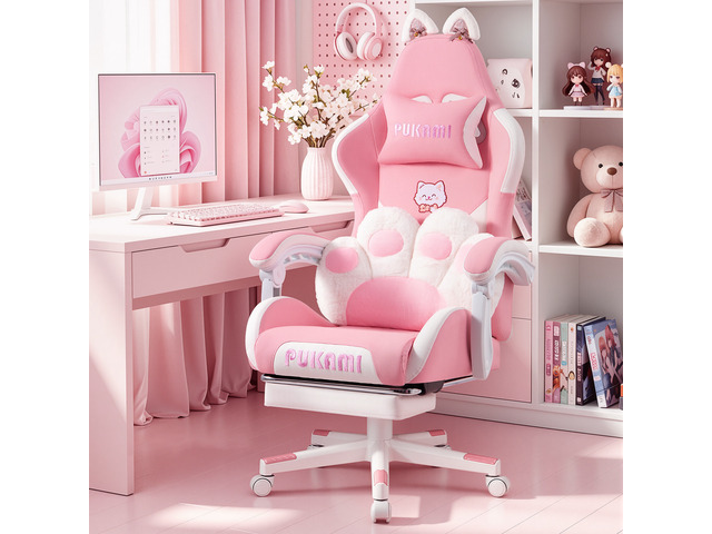 Vitesse Pink Gaming Chair with Cat Ears and Cat Paw Lumbar Cushion, Cute Ergonom