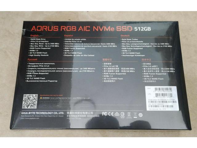 Gigabyte AORUS RGB AIC 512GB SSD NVMe PCI-E x4 3D TLC Card Solid State Drive GP-ASACNE2512GTTDR