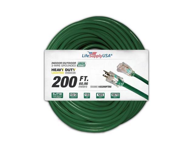 200 ft Extension cord 10/3 SJTW with Lighted end - Green - Indoor / Outdoor Heavy Duty Extra Durability 10AMP 125V 1250W listed by LifeSupplyUSA
