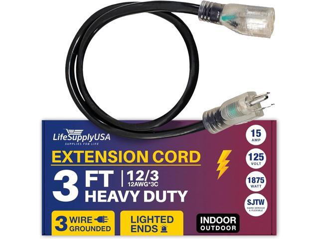 3FT Power Extension Cord Outdoor & Indoor - Waterproof Electric Drop Cord Cable - 3 Prong SJTW, 12 Gauge, 15 AMP, 125 Volts, 1875 Watts, 12/3 by...
