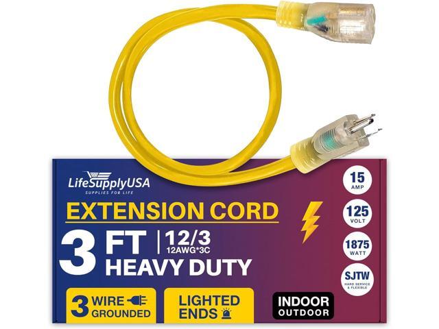 3FT Power Extension Cord Outdoor & Indoor - Waterproof Electric Drop Cord Cable - 3 Prong SJTW, 12 Gauge, 15 AMP, 125 Volts, 1875 Watts, 12/3 by...
