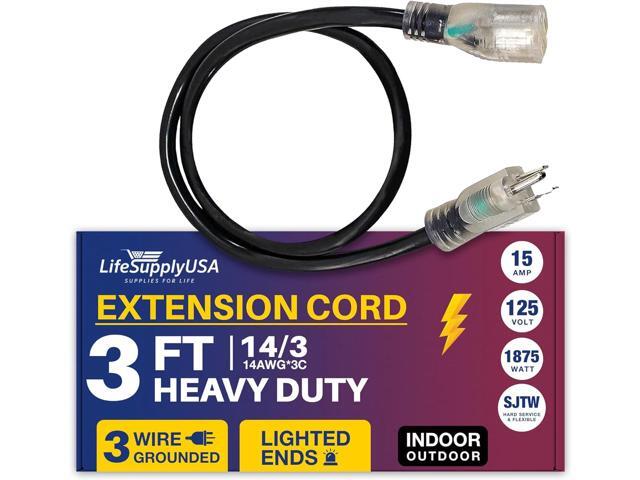 3FT Power Extension Cord Outdoor & Indoor - Waterproof Electric Drop Cord Cable - 3 Prong SJTW, 14 Gauge, 15 AMP, 125 Volts, 1875 Watts, 14/3 by...