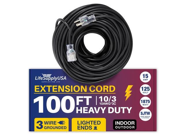 100FT Power Extension Cord Outdoor & Indoor - Waterproof Electric Drop Cord Cable - 3 Prong SJTW, 10 Gauge, 15 AMP, 125 Volts, 1875 Watts, 10/3 -...