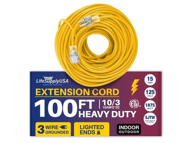 100FT Power Extension Cord Outdoor & Indoor - Waterproof Electric Drop Cord Cable - 3 Prong SJTW, 10 Gauge, 15 AMP, 125 Volts, 1875 Watts, 10/3 -...