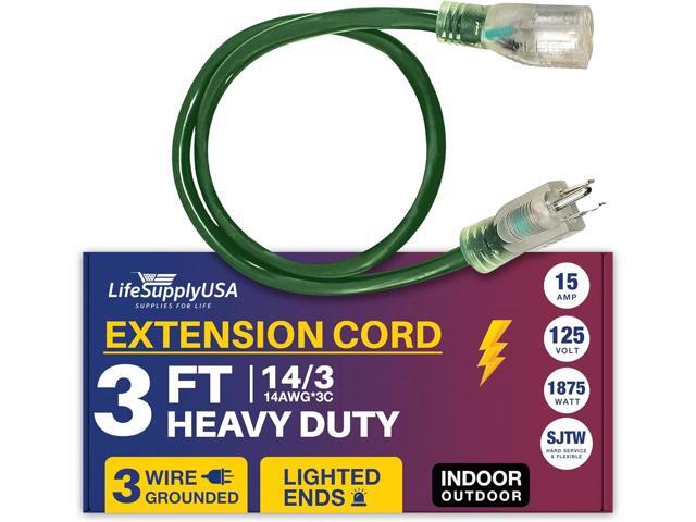 3FT Power Extension Cord Outdoor & Indoor - Waterproof Electric Drop Cord Cable - 3 Prong SJTW, 14 Gauge, 15 AMP, 125 Volts, 1875 Watts, 14/3 by...