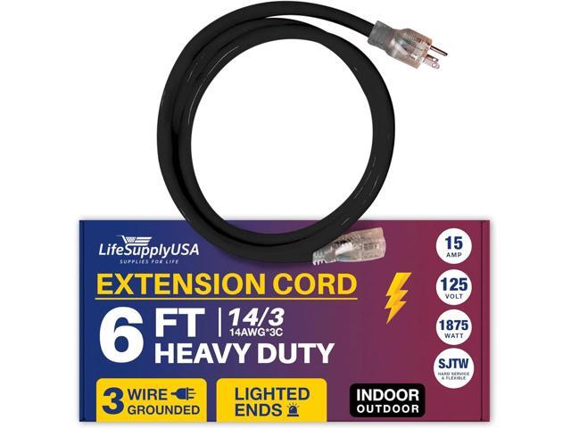 6FT Power Extension Cord Outdoor & Indoor - Waterproof Electric Drop Cord Cable - 3 Prong SJTW, 14 Gauge, 15 AMP, 125 Volts, 1875 Watts, 14/3 by...