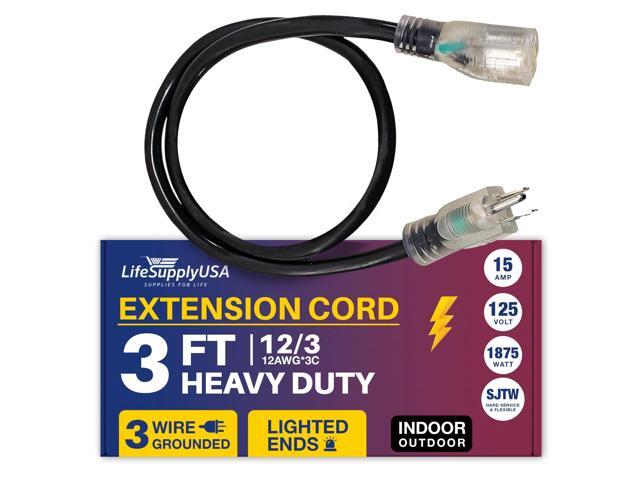 3FT Power Extension Cord Outdoor & Indoor - Waterproof Electric Drop Cord Cable - 3 Prong SJTW, 10 Gauge, 15 AMP, 125 Volts, 1875 Watts, 10/3 - ETL...