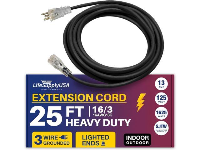 25FT Power Extension Cord Outdoor & Indoor - Waterproof Electric Drop Cord Cable - 3 Prong SJTW, 16 Gauge, 13 AMP, 125 Volts, 1625 Watts, 16/3 by...