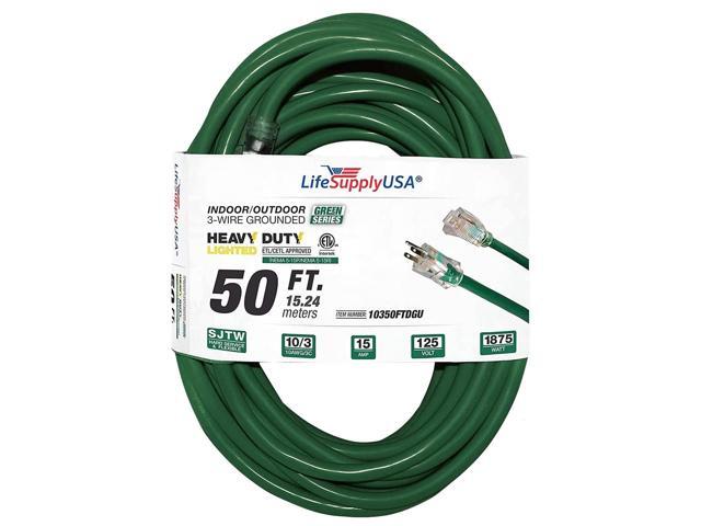 50FT Power Extension Cord Outdoor & Indoor - Waterproof Electric Drop Cord Cable - 3 Prong SJTW, 10 Gauge, 15 AMP, 125 Volts, 1875 Watts, 10/3 -...