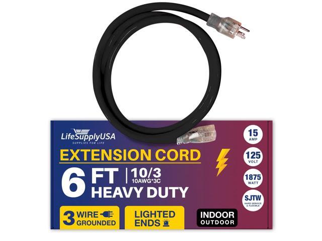 6FT Power Extension Cord Outdoor & Indoor - Waterproof Electric Drop Cord Cable - 3 Prong SJTW, 10 Gauge, 15 AMP, 125 Volts, 1875 Watts, 10/3 - ETL...