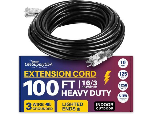 100FT Power Extension Cord Outdoor & Indoor - Waterproof Electric Drop Cord Cable - 3 Prong SJTW, 16 Gauge, 10 AMP, 125 Volts, 1250 Watts, 16/3 by...