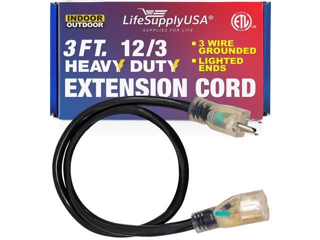 3FT Power Extension Cord Outdoor & Indoor - Waterproof Electric Drop Cord Cable - 3 Prong SJTW, 12 Gauge, 15 AMP, 125 Volts, 1875 Watts, 12/3 - ETL...