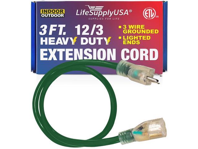 3FT Power Extension Cord Outdoor & Indoor - Waterproof Electric Drop Cord Cable - 3 Prong SJTW, 12 Gauge, 15 AMP, 125 Volts, 1875 Watts, 12/3 - ETL...