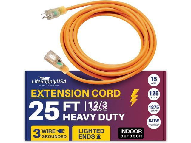 25FT Power Extension Cord Outdoor & Indoor - Waterproof Electric Drop Cord Cable - 3 Prong SJTW, 12 Gauge, 15 AMP, 125 Volts, 1875 Watts, 12/3 by...