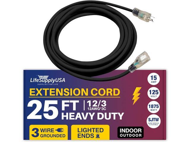 25FT Power Extension Cord Outdoor & Indoor - Waterproof Electric Drop Cord Cable - 3 Prong SJTW, 12 Gauge, 15 AMP, 125 Volts, 1875 Watts, 12/3 by...