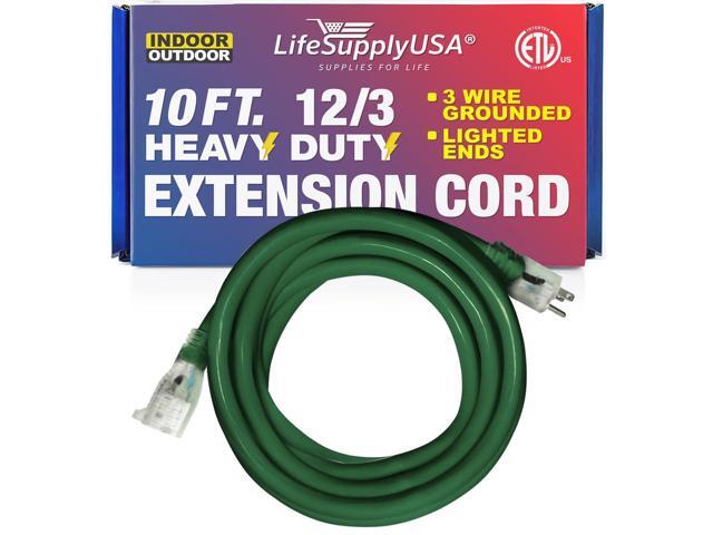 10FT Power Extension Cord Outdoor & Indoor - Waterproof Electric Drop Cord Cable - 3 Prong SJTW, 12 Gauge, 15 AMP, 125 Volts, 1875 Watts, 12/3 -...