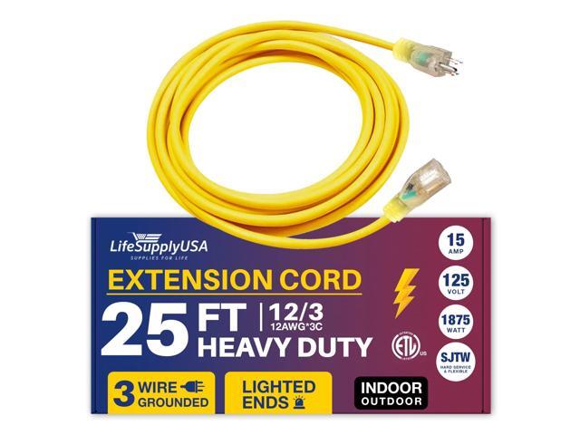 25FT Power Extension Cord Outdoor & Indoor - Waterproof Electric Drop Cord Cable - 3 Prong SJTW, 12 Gauge, 15 AMP, 125 Volts, 1875 Watts, 12/3 -...