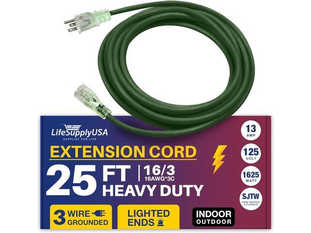 25FT Power Extension Cord Outdoor & Indoor - Waterproof Electric Drop Cord Cable - 3 Prong SJTW, 16 Gauge, 13 AMP, 125 Volts, 1625 Watts, 16/3 by...