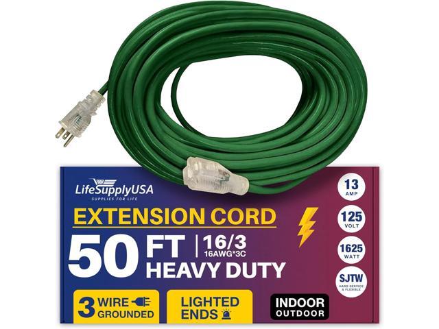 50FT Power Extension Cord Outdoor & Indoor - Waterproof Electric Drop Cord Cable - 3 Prong SJTW, 16 Gauge, 13 AMP, 125 Volts, 1625 Watts, 16/3 by...