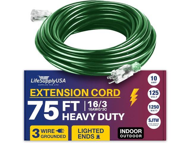 75FT Power Extension Cord Outdoor & Indoor - Waterproof Electric Drop Cord Cable - 3 Prong SJTW, 16 Gauge, 10 AMP, 125 Volts, 1250 Watts, 16/3 by...