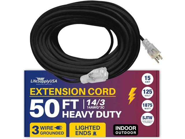 50FT Power Extension Cord Outdoor & Indoor - Waterproof Electric Drop Cord Cable - 3 Prong SJTW, 14 Gauge, 15 AMP, 125 Volts, 1875 Watts, 14/3 by...