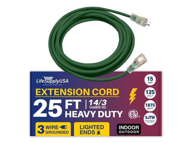 25FT Power Extension Cord Outdoor & Indoor - Waterproof Electric Drop Cord Cable - 3 Prong SJTW, 14 Gauge, 15 AMP, 125 Volts, 1875 Watts, 14/3 -...