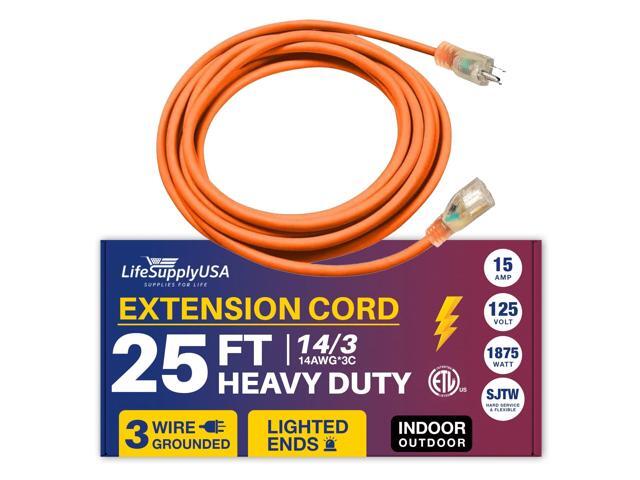 25FT Power Extension Cord Outdoor & Indoor - Waterproof Electric Drop Cord Cable - 3 Prong SJTW, 14 Gauge, 15 AMP, 125 Volts, 1875 Watts, 14/3 -...