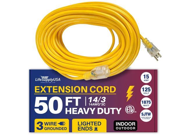 50FT Power Extension Cord Outdoor & Indoor - Waterproof Electric Drop Cord Cable - 3 Prong SJTW, 14 Gauge, 15 AMP, 125 Volts, 1875 Watts, 14/3 -...