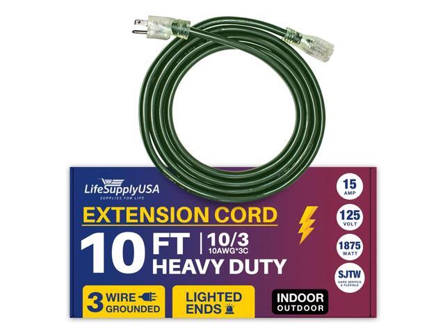 10FT Power Extension Cord Outdoor & Indoor - Waterproof Electric Drop Cord Cable - 3 Prong SJTW, 10 Gauge, 15 AMP, 125 Volts, 1875 Watts, 10/3 by...