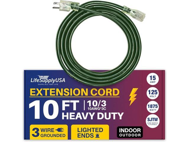 10FT Power Extension Cord Outdoor & Indoor - Waterproof Electric Drop Cord Cable - 3 Prong SJTW, 10 Gauge, 15 AMP, 125 Volts, 1875 Watts, 10/3 by...