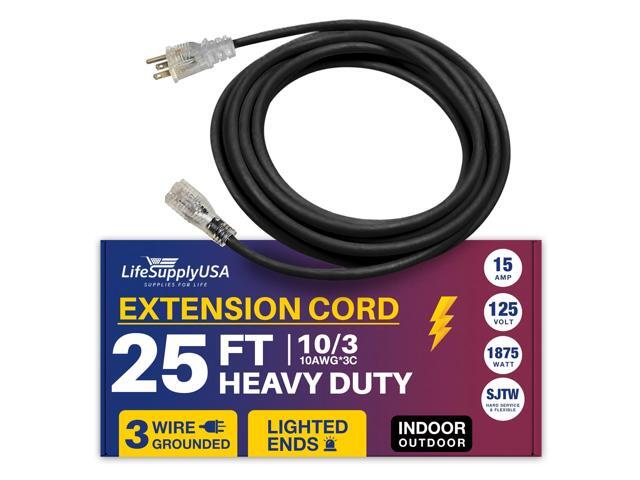 25FT Power Extension Cord Outdoor & Indoor - Waterproof Electric Drop Cord Cable - 3 Prong SJTW, 10 Gauge, 15 AMP, 125 Volts, 1875 Watts, 10/3 by...