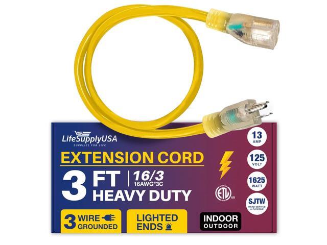 3FT Power Extension Cord Outdoor & Indoor - Waterproof Electric Drop Cord Cable - 3 Prong SJTW, 16 Gauge, 13 AMP, 125 Volts, 1625 Watts, 16/3 - ETL...
