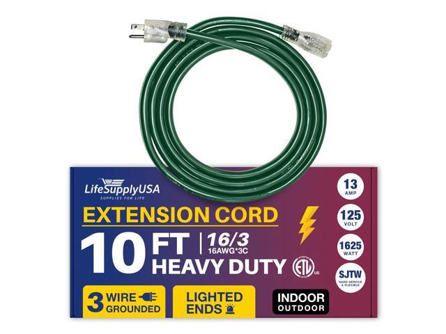 10FT Power Extension Cord Outdoor & Indoor - Waterproof Electric Drop Cord Cable - 3 Prong SJTW, 16 Gauge, 13 AMP, 125 Volts, 1625 Watts, 16/3 -...
